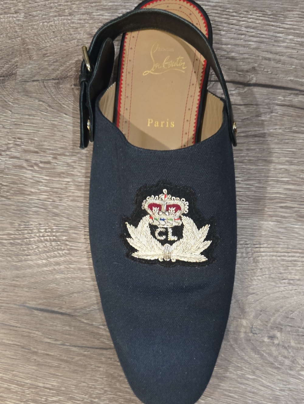 Christian Louboutin Navy Embroidered Crest Slingback Loafer